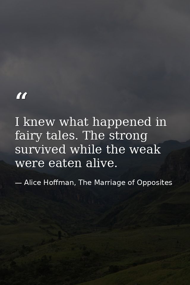 I knew what happened in fairy tales. The strong survived while the weak were eaten alive. — Alice Hoffman, The Marriage of Opposites