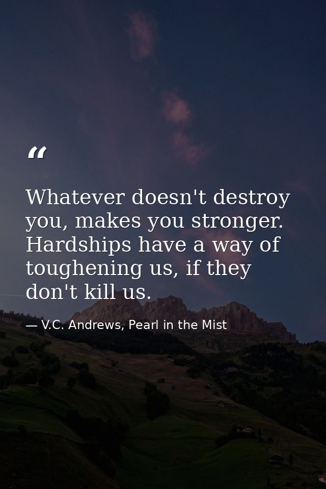 Whatever doesn't destroy you, makes you stronger. Hardships have a way of toughening us, if they don't kill us. — V.C. Andrews, Pearl in the Mist