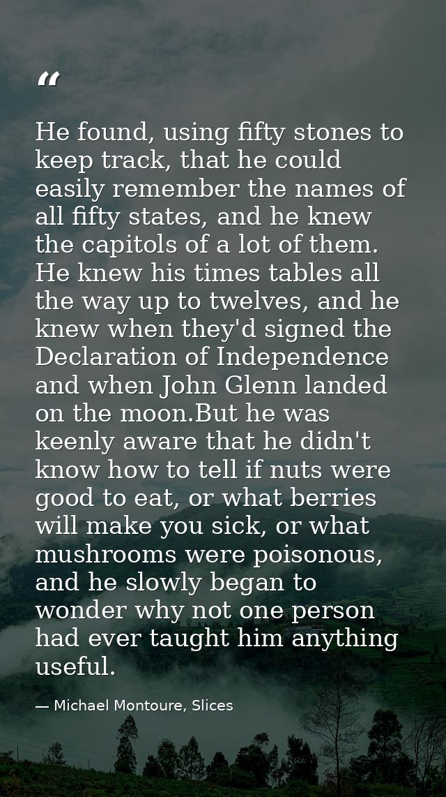 He found, using fifty stones to keep track, that he could easily remember the names of all fifty states, and he knew the — Michael Montoure, Slices