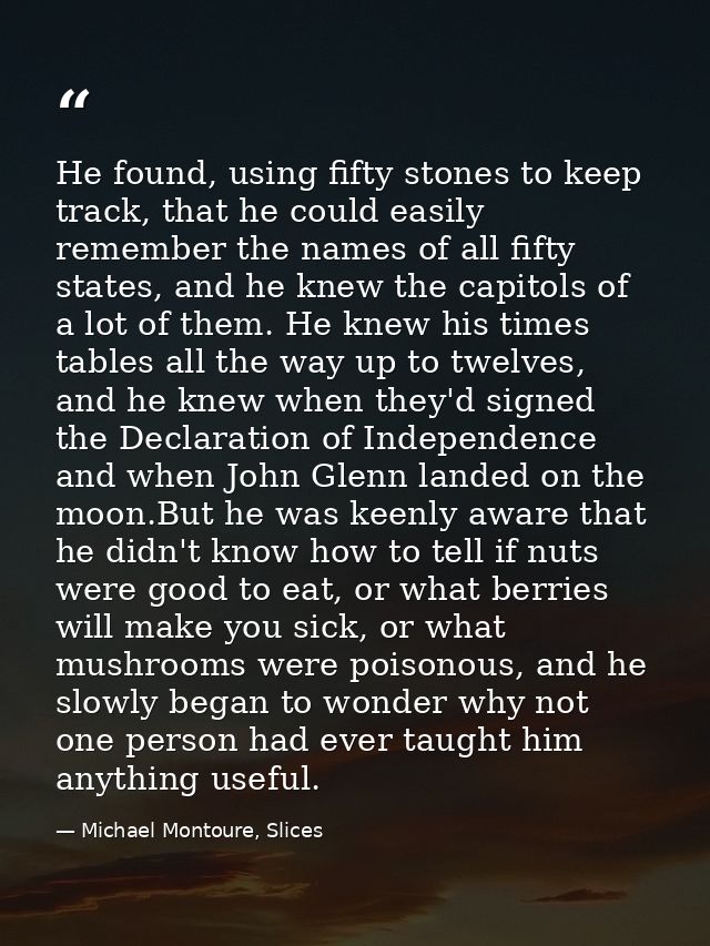 He found, using fifty stones to keep track, that he could easily remember the names of all fifty states, and he knew the — Michael Montoure, Slices