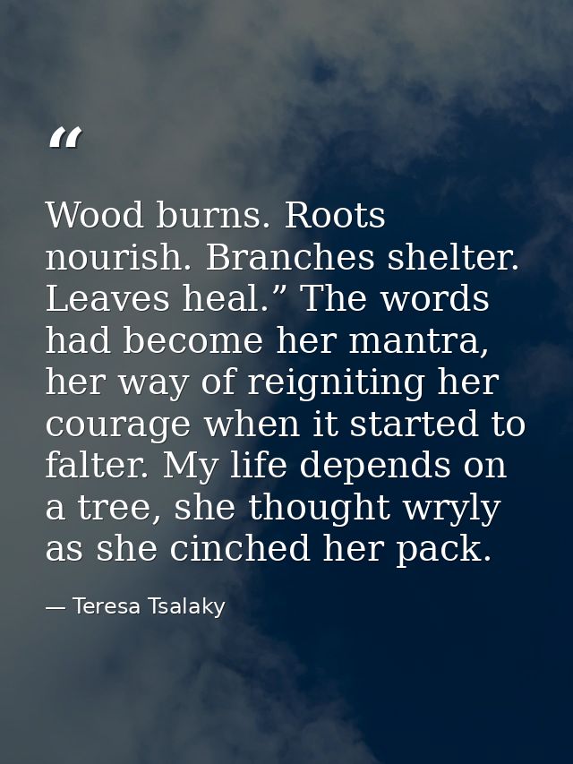 Wood burns. Roots nourish. Branches shelter. Leaves heal.” The words had become her mantra, her way of reigniting her co — Teresa Tsalaky