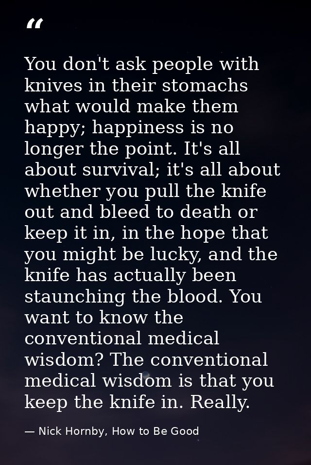 You don't ask people with knives in their stomachs what would make them happy; happiness is no longer the point. It's al — Nick Hornby, How to Be Good