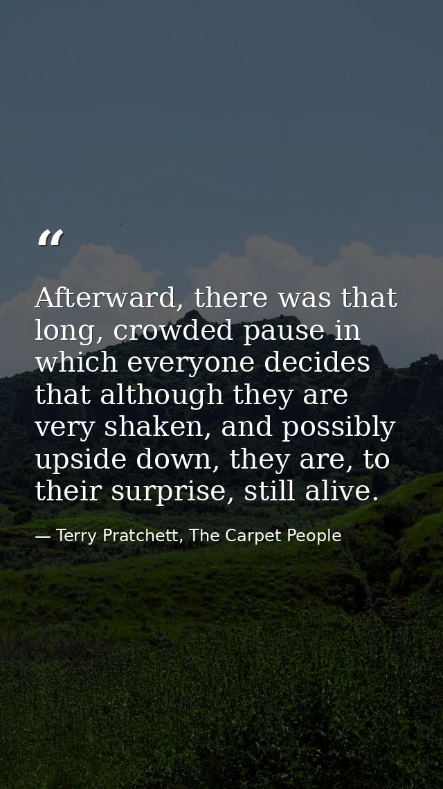 Afterward, there was that long, crowded pause in which everyone decides that although they are very shaken, and possibly — Terry Pratchett, The Carpet People