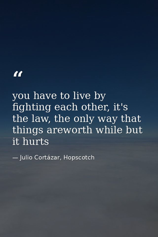 you have to live by fighting each other, it's the law, the only way that things areworth while but it hurts — Julio Cortázar, Hopscotch