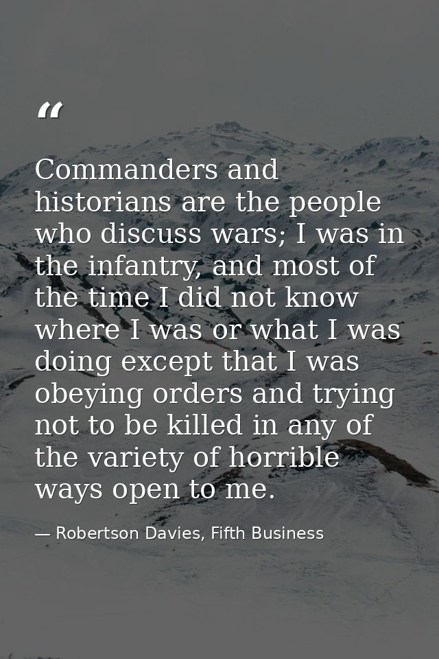 Commanders and historians are the people who discuss wars; I was in the infantry, and most of the time I did not know wh — Robertson Davies, Fifth Business