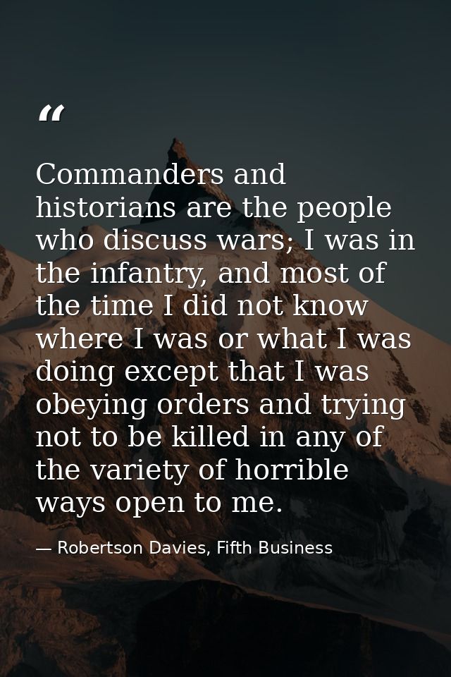 Commanders and historians are the people who discuss wars; I was in the infantry, and most of the time I did not know wh — Robertson Davies, Fifth Business