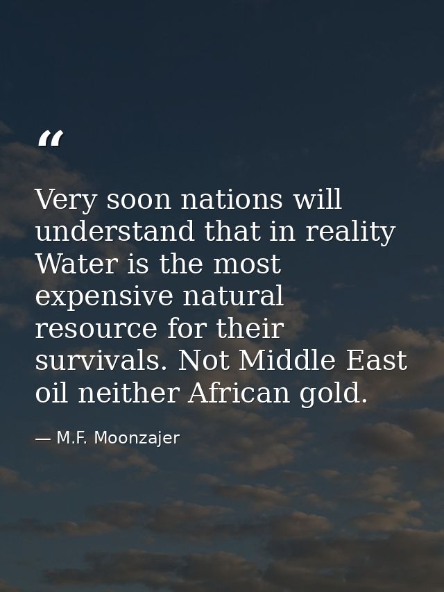 Very soon nations will understand that in reality Water is the most expensive natural resource for their survivals. Not  — M.F. Moonzajer