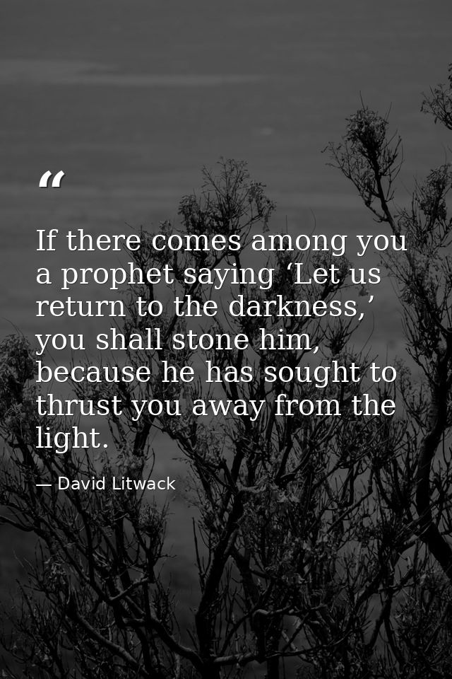 If there comes among you a prophet saying ‘Let us return to the darkness,’ you shall stone him, because he has sought to — David Litwack