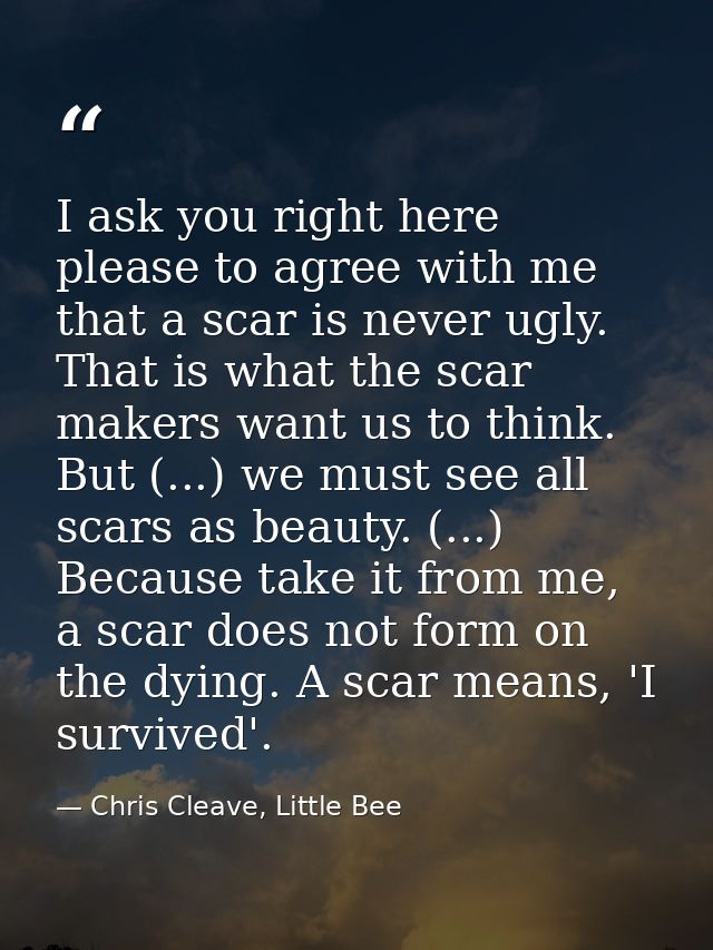 I ask you right here please to agree with me that a scar is never ugly. That is what the scar makers want us to think. B — Chris Cleave, Little Bee