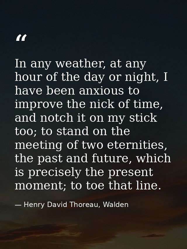 In any weather, at any hour of the day or night, I have been anxious to improve the nick of time, and notch it on my sti — Henry David Thoreau, Walden