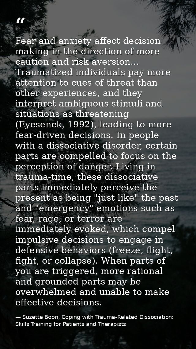 Fear and anxiety affect decision making in the direction of more caution and risk aversion... Traumatized individuals pa — Suzette Boon, Coping with Trauma-Related Dissociation: Skills Training for Patients and Therapists