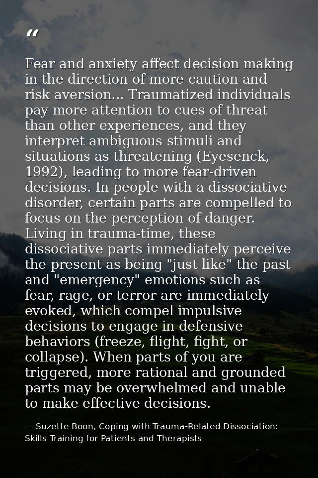 Fear and anxiety affect decision making in the direction of more caution and risk aversion... Traumatized individuals pa — Suzette Boon, Coping with Trauma-Related Dissociation: Skills Training for Patients and Therapists