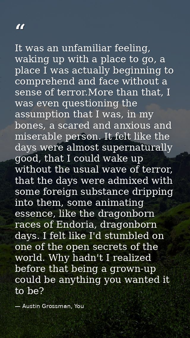 It was an unfamiliar feeling, waking up with a place to go, a place I was actually beginning to comprehend and face with — Austin Grossman, You