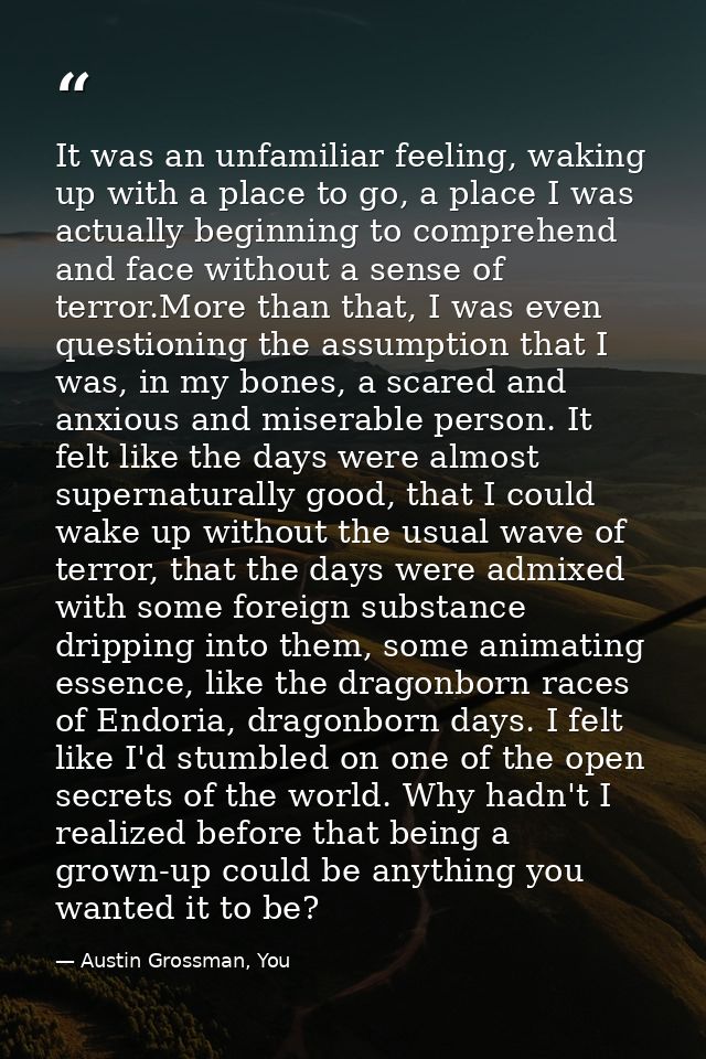 It was an unfamiliar feeling, waking up with a place to go, a place I was actually beginning to comprehend and face with — Austin Grossman, You