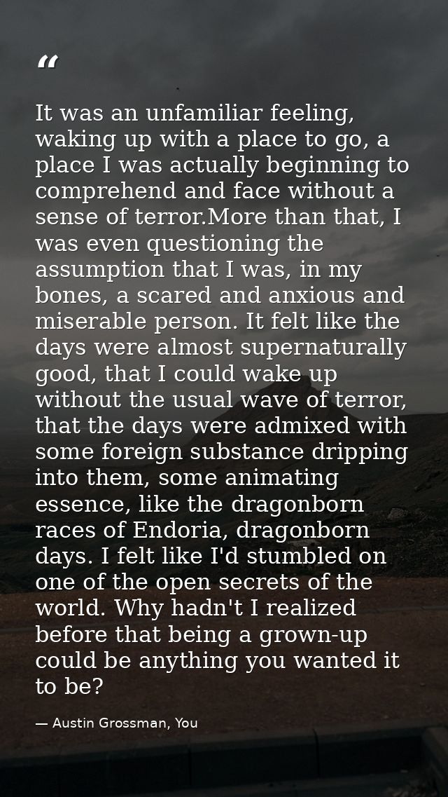 It was an unfamiliar feeling, waking up with a place to go, a place I was actually beginning to comprehend and face with — Austin Grossman, You