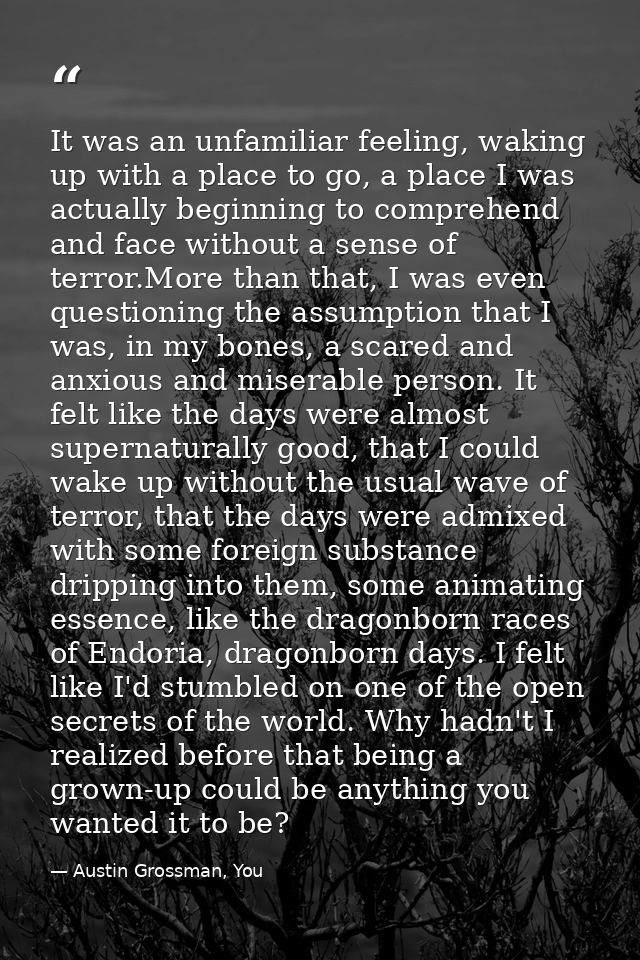 It was an unfamiliar feeling, waking up with a place to go, a place I was actually beginning to comprehend and face with — Austin Grossman, You