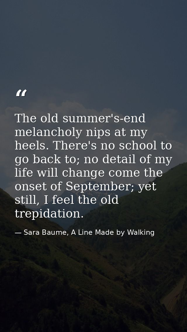 The old summer's-end melancholy nips at my heels. There's no school to go back to; no detail of my life will change come — Sara Baume, A Line Made by Walking