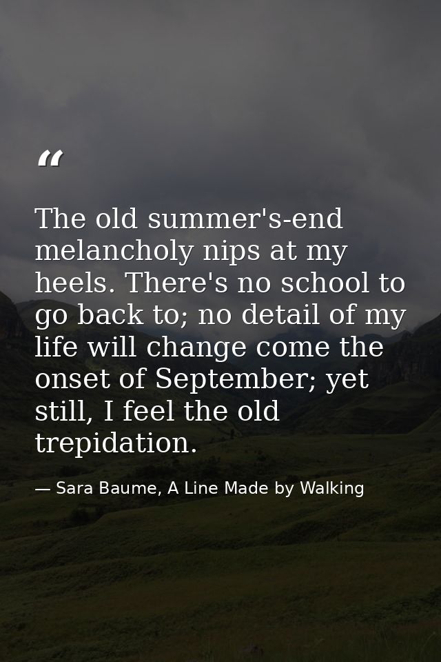 The old summer's-end melancholy nips at my heels. There's no school to go back to; no detail of my life will change come — Sara Baume, A Line Made by Walking