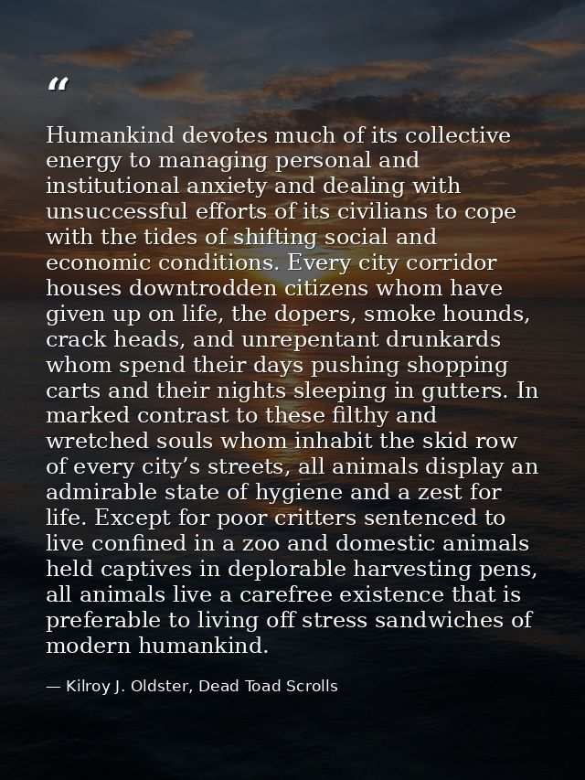 Humankind devotes much of its collective energy to managing personal and institutional anxiety and dealing with unsucces — Kilroy J. Oldster, Dead Toad Scrolls