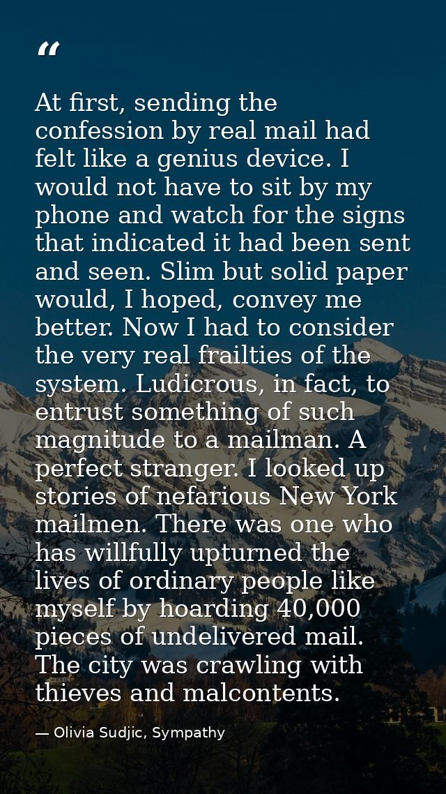 At first, sending the confession by real mail had felt like a genius device. I would not have to sit by my phone and wat — Olivia Sudjic, Sympathy