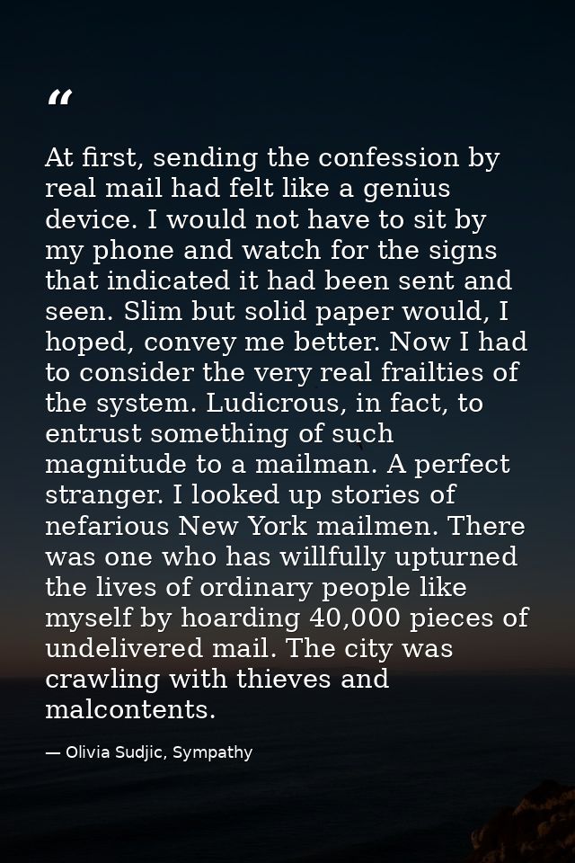 At first, sending the confession by real mail had felt like a genius device. I would not have to sit by my phone and wat — Olivia Sudjic, Sympathy