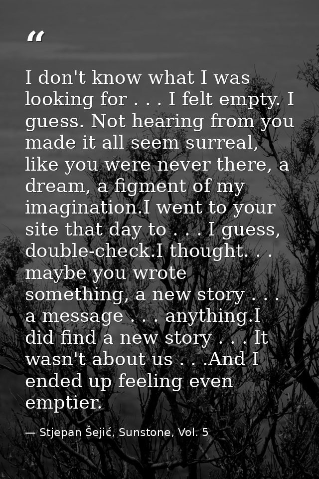 I don't know what I was looking for . . . I felt empty. I guess. Not hearing from you made it all seem surreal, like you — Stjepan Šejić, Sunstone, Vol. 5