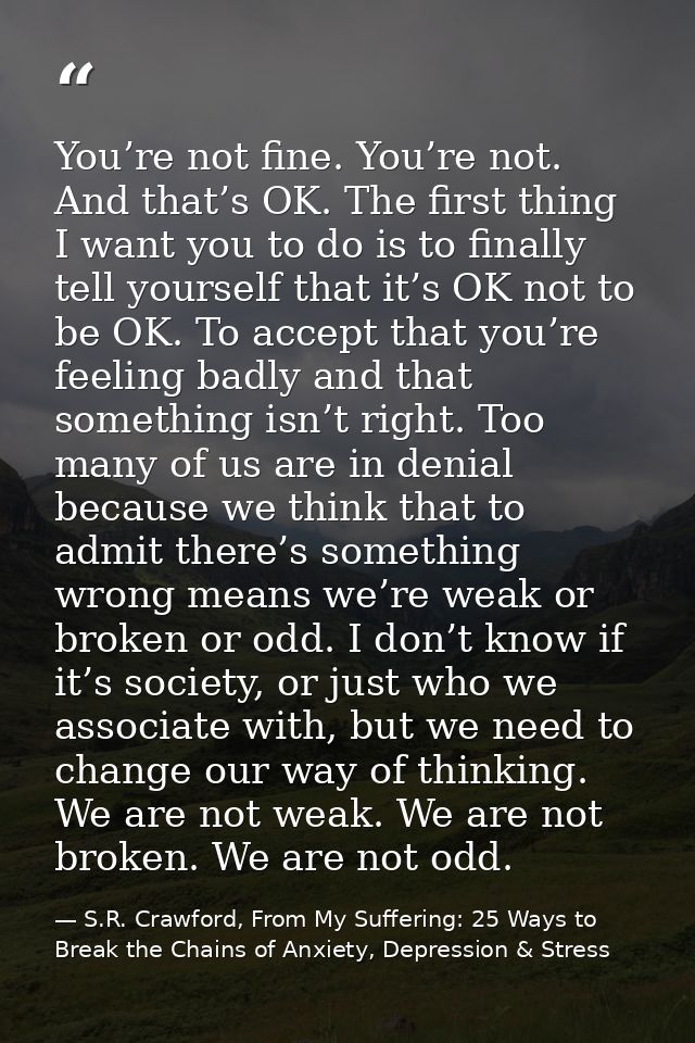 You’re not fine. You’re not. And that’s OK. The first thing I want you to do is to finally tell yourself that it’s OK no — S.R. Crawford, From My Suffering: 25 Ways to Break the Chains of Anxiety, Depression & Stress