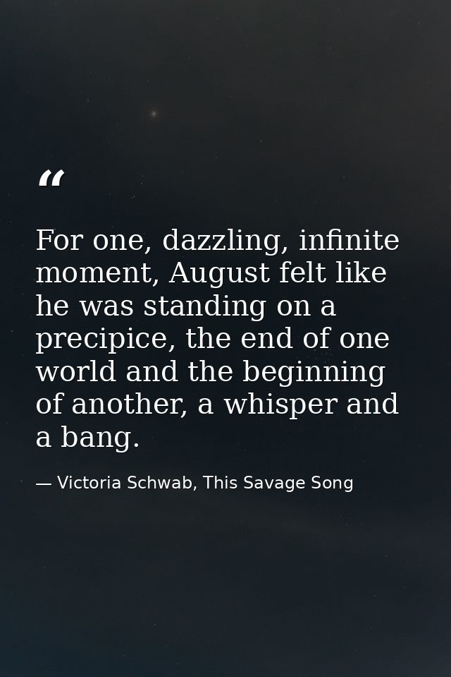 For one, dazzling, infinite moment, August felt like he was standing on a precipice, the end of one world and the beginn — Victoria Schwab, This Savage Song