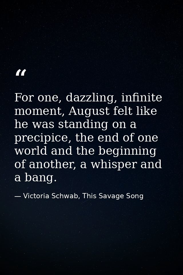 For one, dazzling, infinite moment, August felt like he was standing on a precipice, the end of one world and the beginn — Victoria Schwab, This Savage Song