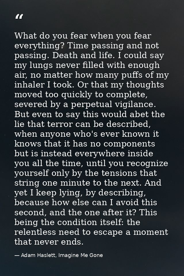 What do you fear when you fear everything? Time passing and not passing. Death and life. I could say my lungs never fill — Adam Haslett, Imagine Me Gone