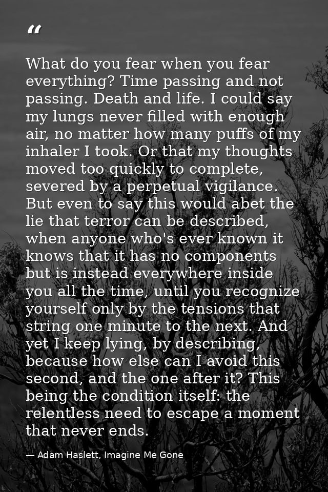 What do you fear when you fear everything? Time passing and not passing. Death and life. I could say my lungs never fill — Adam Haslett, Imagine Me Gone