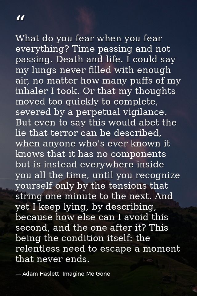 What do you fear when you fear everything? Time passing and not passing. Death and life. I could say my lungs never fill — Adam Haslett, Imagine Me Gone