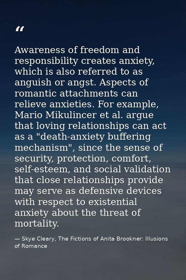 Awareness of freedom and responsibility creates anxiety, which is also referred to as anguish or angst. Aspects of roman — Skye Cleary, The Fictions of Anita Brookner: Illusions of Romance