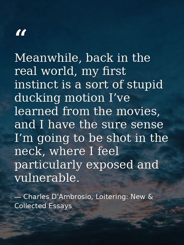 Meanwhile, back in the real world, my first instinct is a sort of stupid ducking motion I’ve learned from the movies, an — Charles D'Ambrosio, Loitering: New & Collected Essays