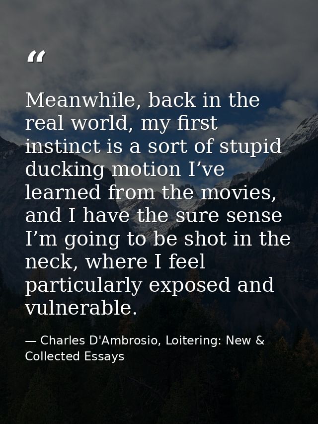 Meanwhile, back in the real world, my first instinct is a sort of stupid ducking motion I’ve learned from the movies, an — Charles D'Ambrosio, Loitering: New & Collected Essays