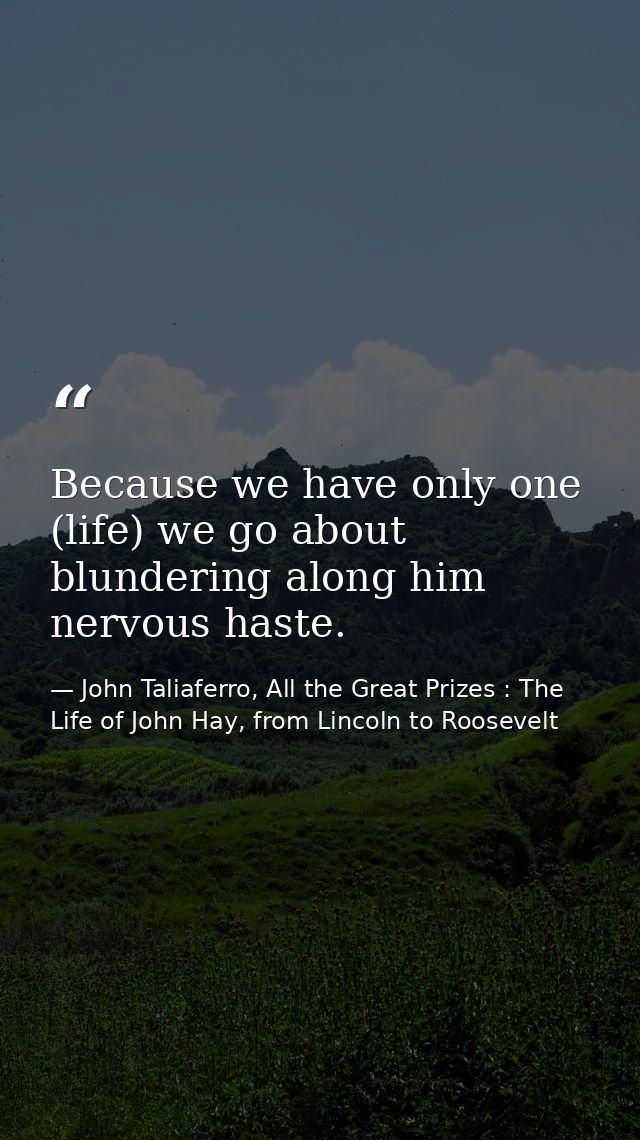 Because we have only one (life) we go about blundering along him nervous haste. — John Taliaferro, All the Great Prizes : The Life of John Hay, from Lincoln to Roosevelt