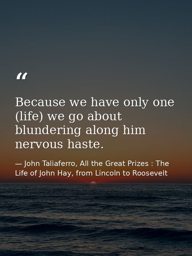 Because we have only one (life) we go about blundering along him nervous haste. — John Taliaferro, All the Great Prizes : The Life of John Hay, from Lincoln to Roosevelt
