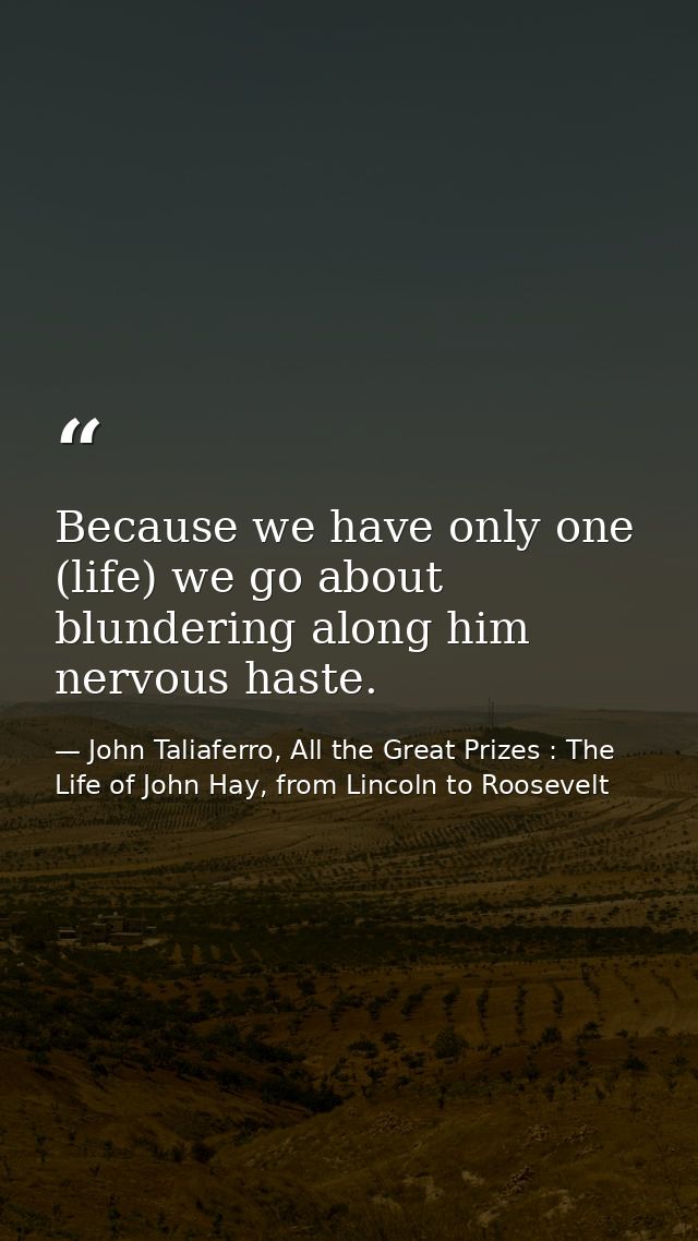 Because we have only one (life) we go about blundering along him nervous haste. — John Taliaferro, All the Great Prizes : The Life of John Hay, from Lincoln to Roosevelt