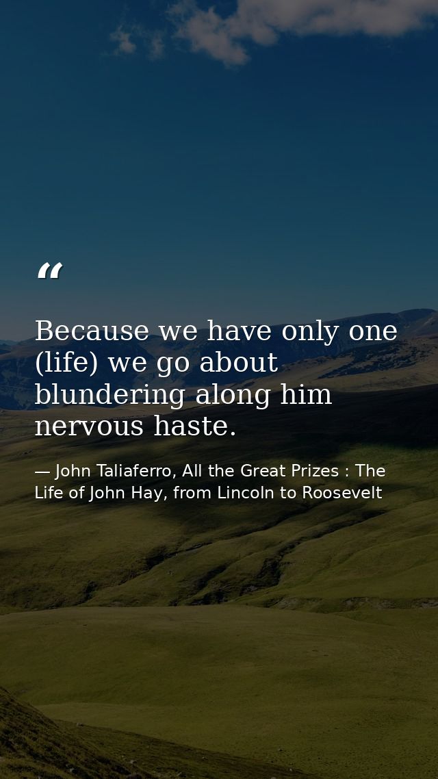 Because we have only one (life) we go about blundering along him nervous haste. — John Taliaferro, All the Great Prizes : The Life of John Hay, from Lincoln to Roosevelt