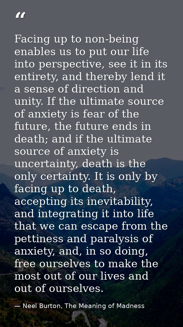 Facing up to non-being enables us to put our life into perspective, see it in its entirety, and thereby lend it a sense  — Neel Burton, The Meaning of Madness
