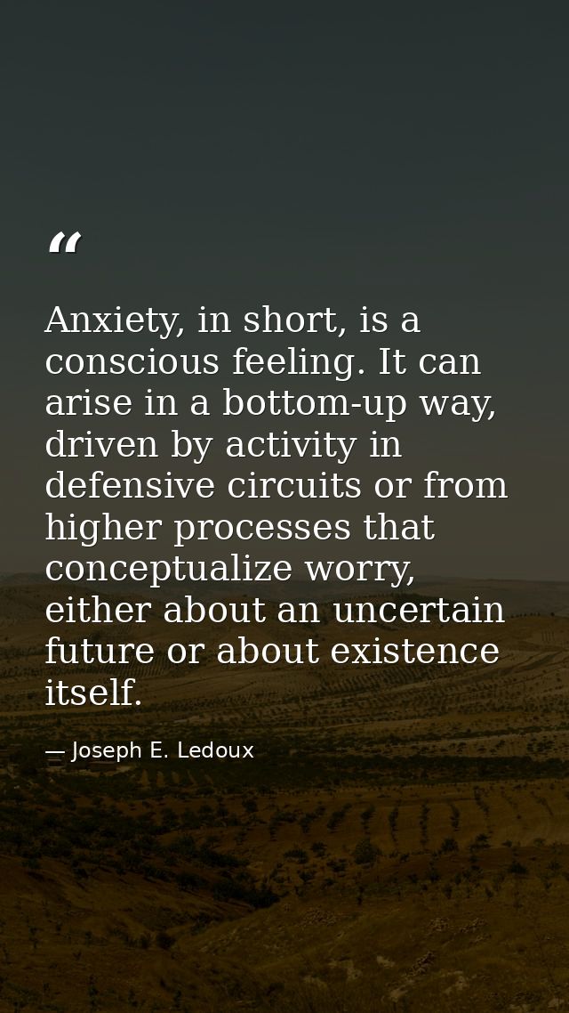 Anxiety, in short, is a conscious feeling. It can arise in a bottom-up way, driven by activity in defensive circuits or  — Joseph E. Ledoux