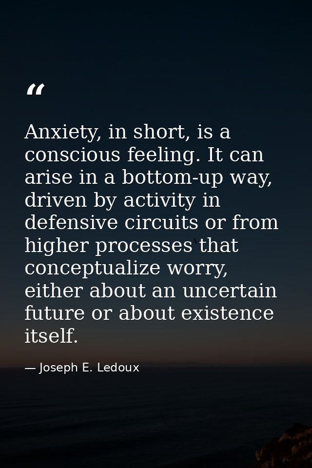 Anxiety, in short, is a conscious feeling. It can arise in a bottom-up way, driven by activity in defensive circuits or  — Joseph E. Ledoux