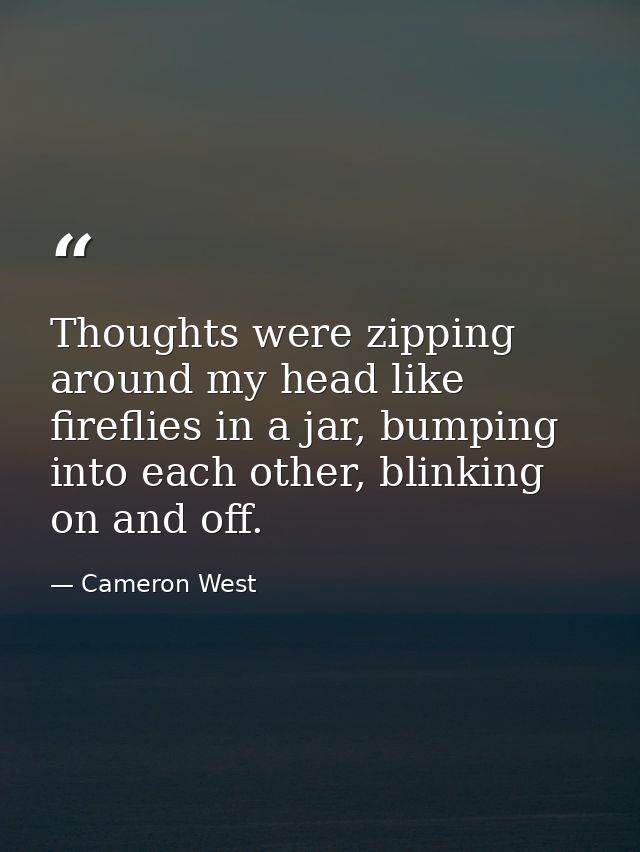 Thoughts were zipping around my head like fireflies in a jar, bumping into each other, blinking on and off. — Cameron West
