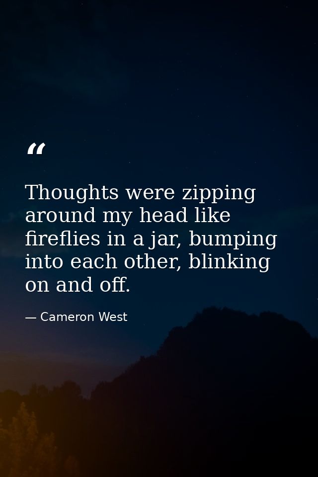 Thoughts were zipping around my head like fireflies in a jar, bumping into each other, blinking on and off. — Cameron West