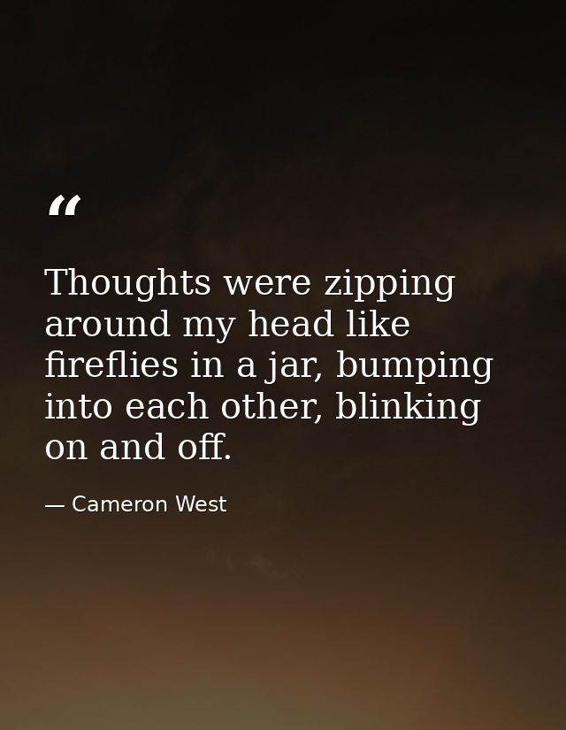 Thoughts were zipping around my head like fireflies in a jar, bumping into each other, blinking on and off. — Cameron West