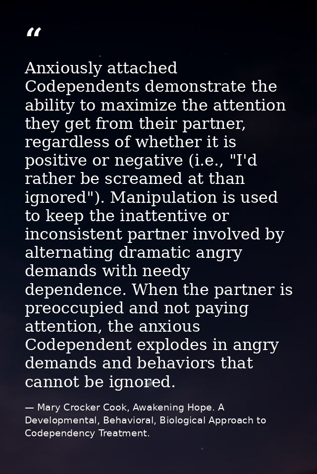 Anxiously attached Codependents demonstrate the ability to maximize the attention they get from their partner, regardles — Mary Crocker Cook, Awakening Hope. A Developmental, Behavioral, Biological Approach to Codependency Treatment.