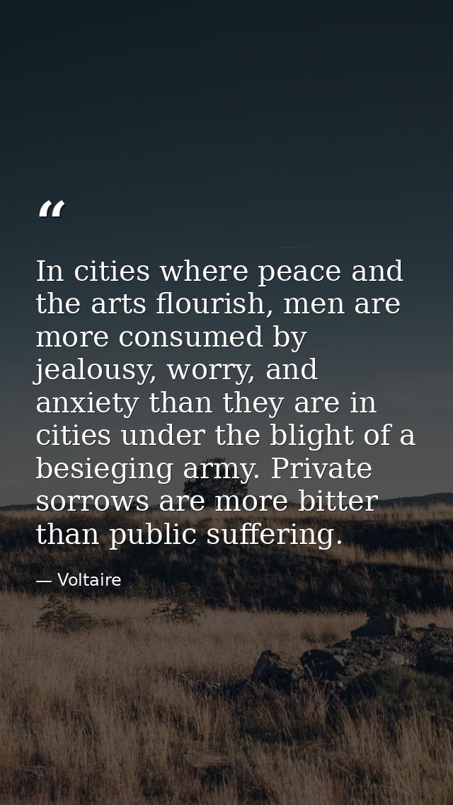 In cities where peace and the arts flourish, men are more consumed by jealousy, worry, and anxiety than they are in citi — Voltaire