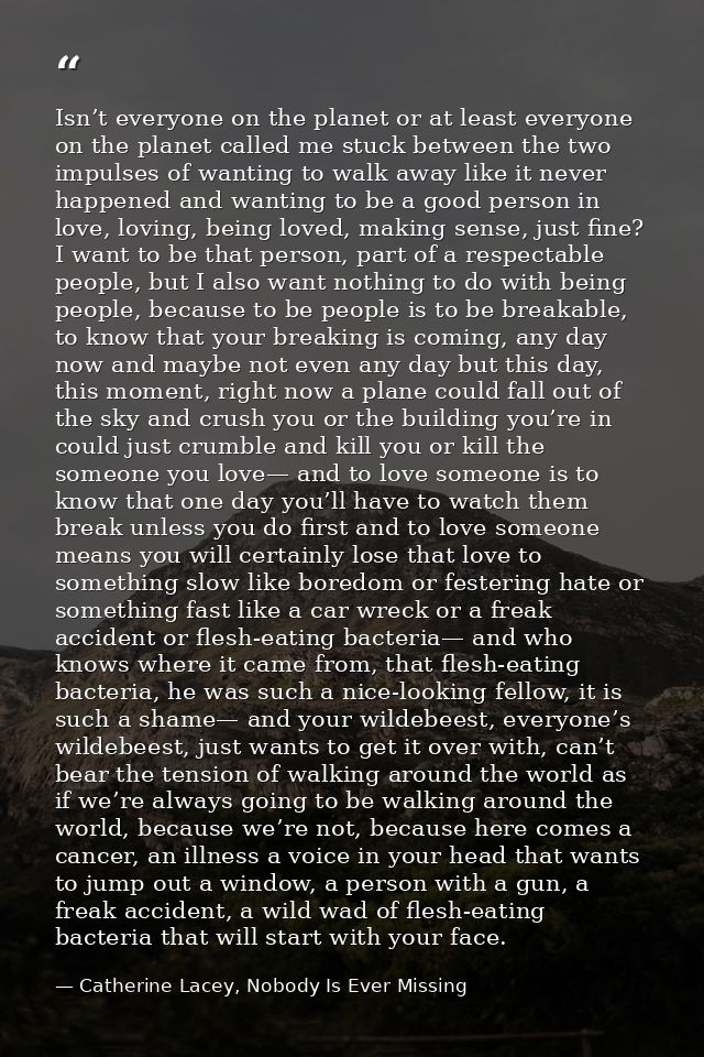 Isn’t everyone on the planet or at least everyone on the planet called me stuck between the two impulses of wanting to w — Catherine Lacey, Nobody Is Ever Missing
