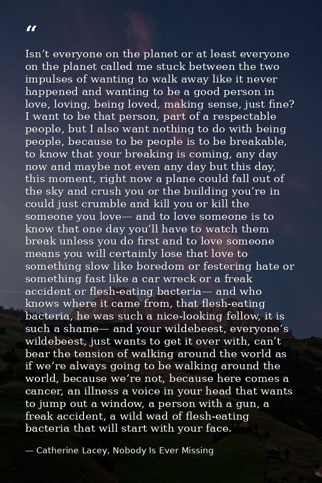 Isn’t everyone on the planet or at least everyone on the planet called me stuck between the two impulses of wanting to w — Catherine Lacey, Nobody Is Ever Missing