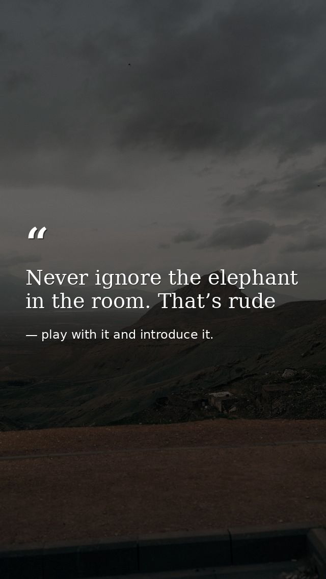 Never ignore the elephant in the room. That’s rude — play with it and introduce it.